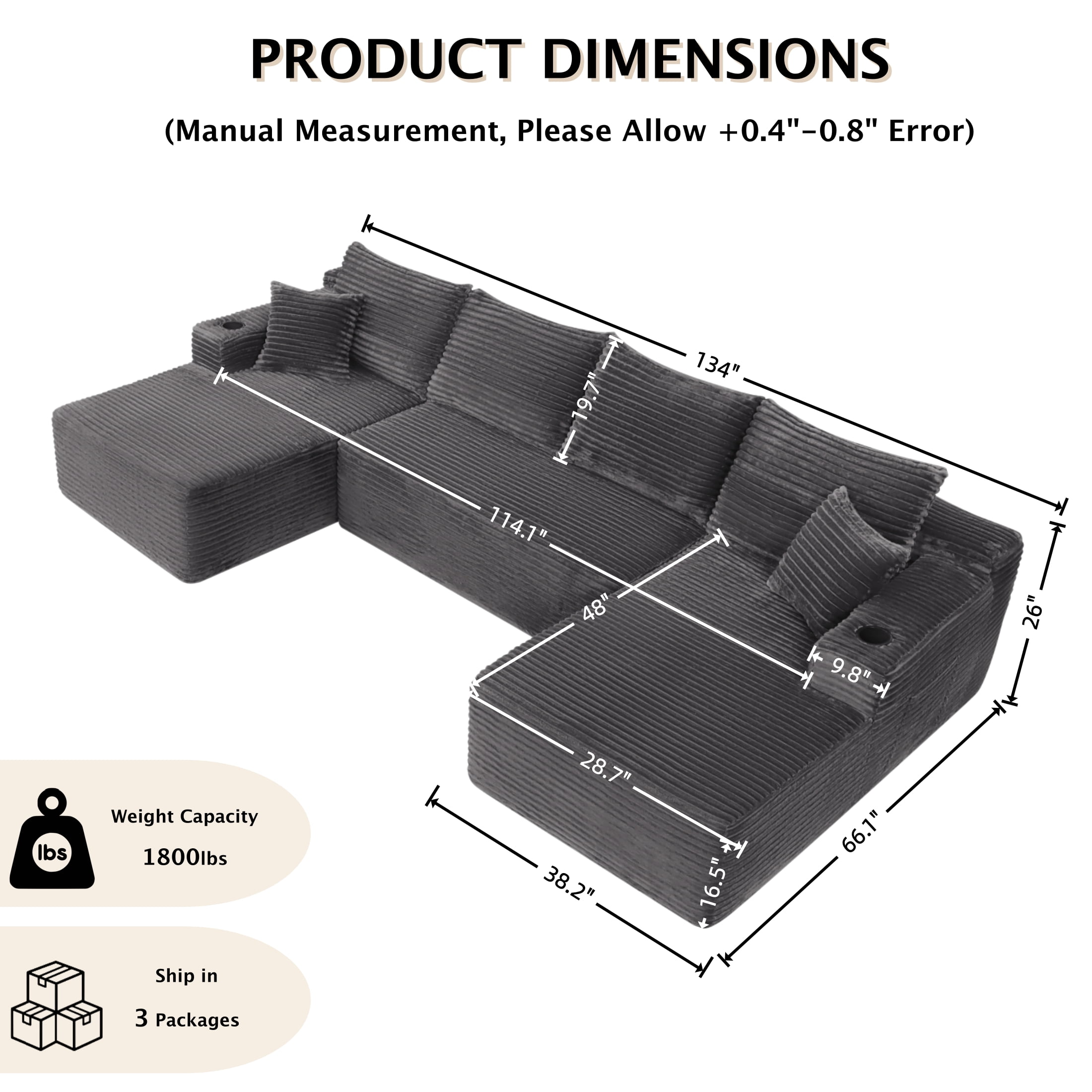 ShiKeyi 134" Modular U-Shaped Cloud Sofa, 5-Seater Corduroy Sectional Couch with Deep Seats Double Chaise & Soft Boneless Design, Gray