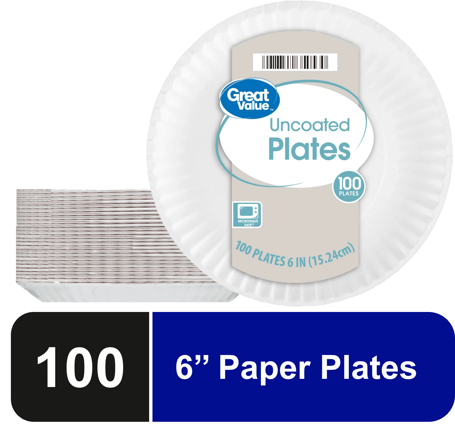 Great Value Uncoated Paper Plates, 6", 100ct