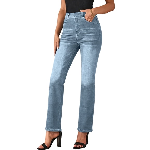 hoksml Women's High Waisted Pull On Jeans Stretch Denim Pants Casual Straight Leg Comfy Bottoms