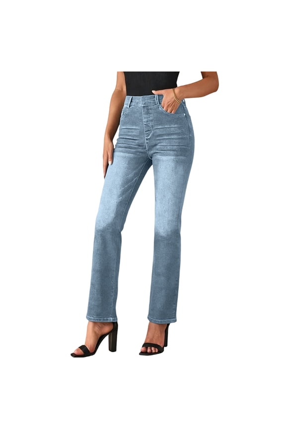 Tall Jeans for Women Long Stretch Denim Pants Straight Leg Mid Rise Classic for Tall Ladies Sky Blue Pant L