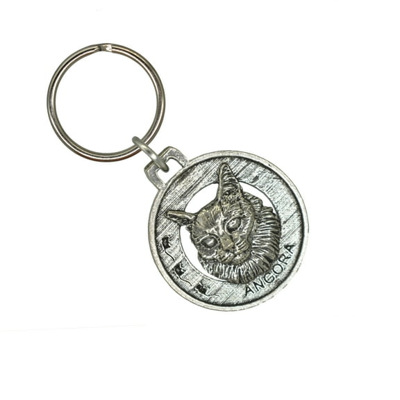 Angora Cat Keychain, C004KC, 1 1/2 Inch, Turkish, Ankara, Kitty, Cats, Pets, Feline, Gift, Metal, Engraved, Key Fob, Key Ring, Keys, Zipper Pull, Luggage Tag, Pewter, Backpack, Made in USA
