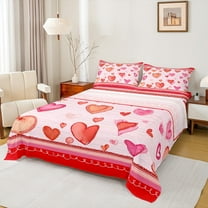 Feelyou Red Love Heart Twin Sheet Sets, Cartoon Watercolor Art Twin Fitted Sheet, Romantic Valentines Day Flat Sheet, Luxury Bedroom Decor, 3pcs
