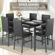 7 Piece Kitchen Dining Table & Chair Set, Dining Room Table Set with Faux Marble Tabletop PU Leather Padded Chairs, Rectangle Dining Table Set for 6, Dinette Set for Kitchen Dining Room Small Space
