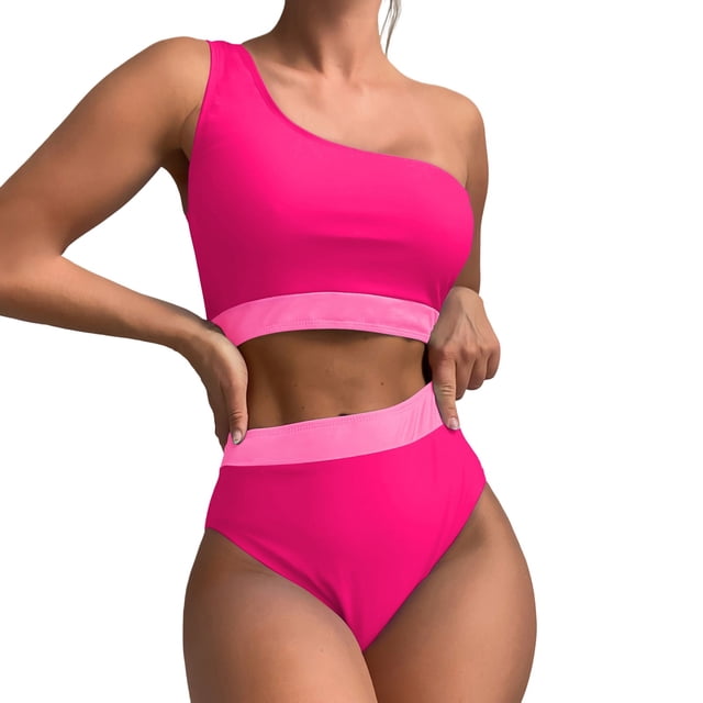 Gibobby Conjunto de Bikini para Mujer Conjunto de traje de baño dividido de bikini sexy de cintura alta de un hombro de color nuevo para mujer(Rosa caliente,G)