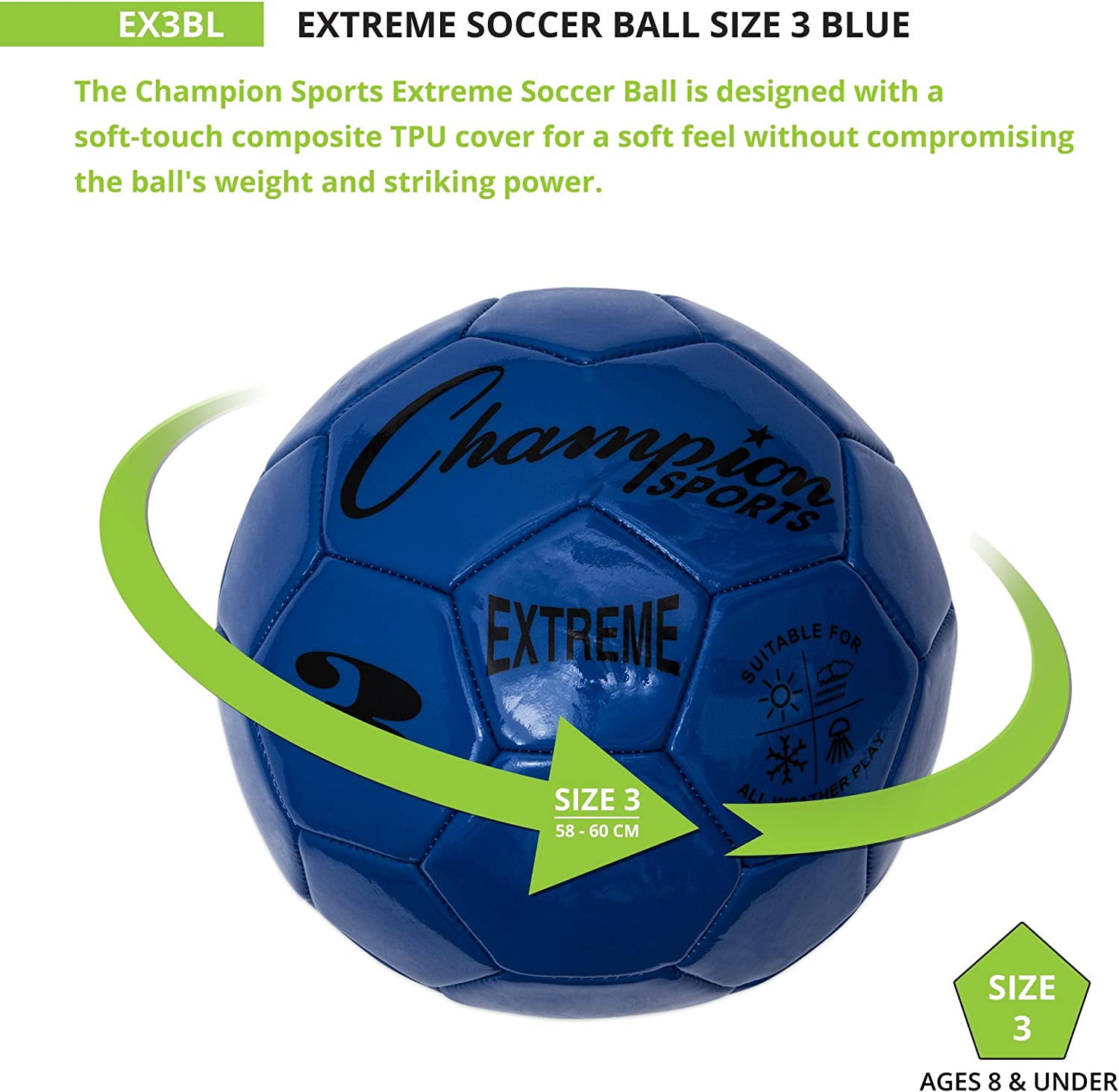Champion Sports Extreme Series Soccer Ball, Size 3 - Youth League, All Weather, Soft Touch, Maximum Air Retention - Competitive and Recreational Futbol Games, Blue