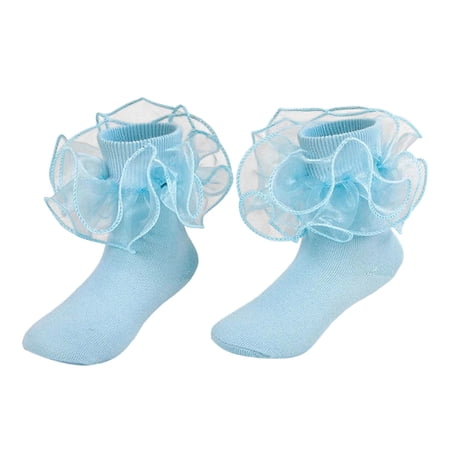 Wangmeiwg Elegant Lace Trimmed Combed Edge Ankle Socks For Girls Student Dance Wear And Daily Casual Outfits With Pure Color Design 6-8 Years Blue