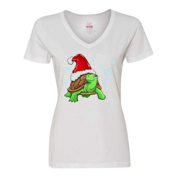 Inktastic Christmas Turtle in with Santa Hat and Snowflakes Women's V-Neck T-Shirt