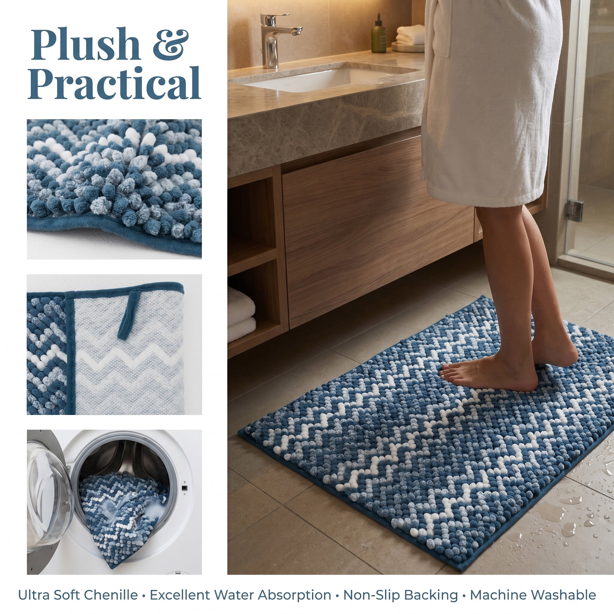 Unique Bargains Ultra Soft Non Slip Machine Washable Chenille Bath Mat Dark Blue 24" x 16"
