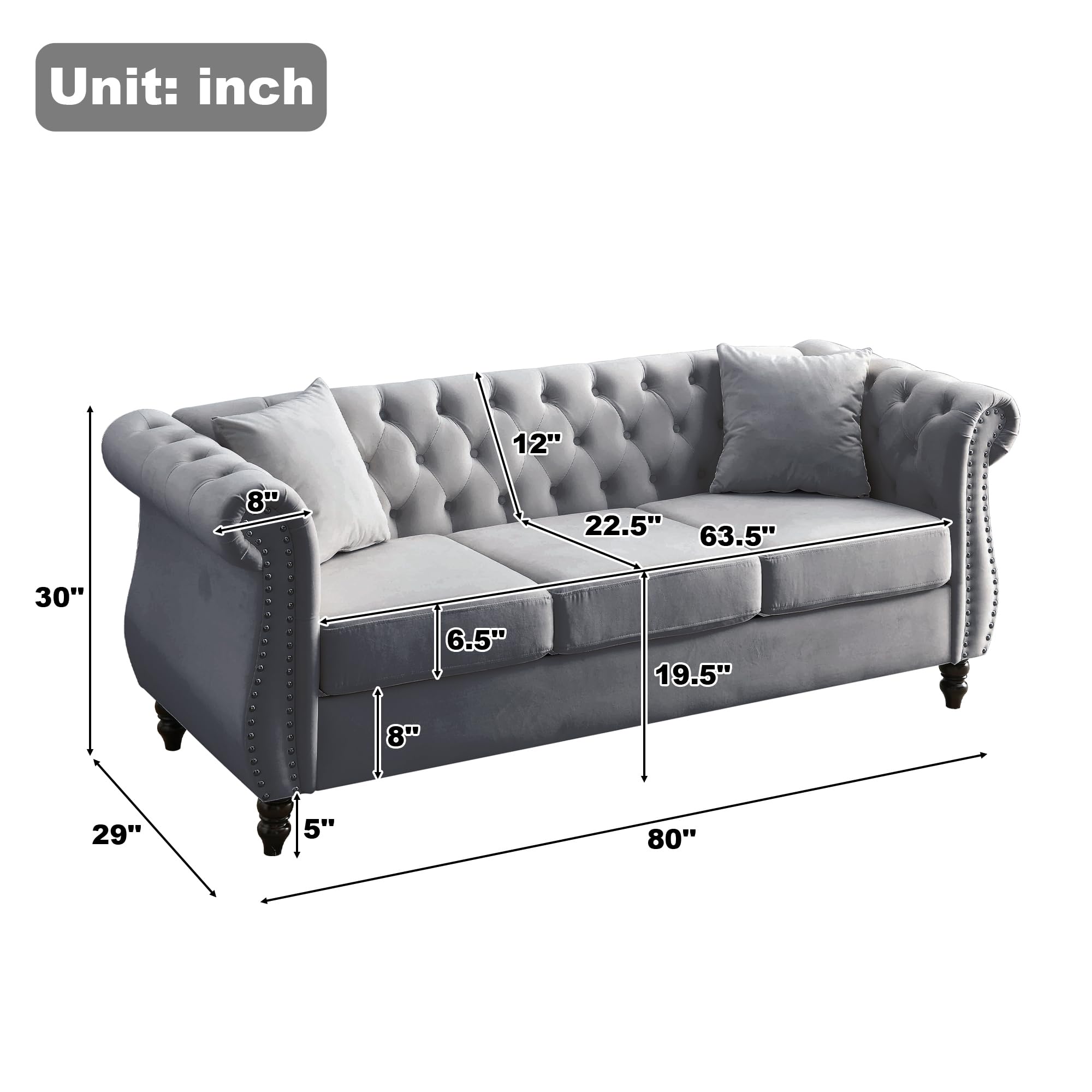 2 Piece Chesterfield Velvet Sofa, 80" 3-Seater and 59" Loveseat Sofa Set, Tufted Couch with 4 Pillows,Rolled Arms and Nailhead for Living Room, Bedroom, Office, Grey