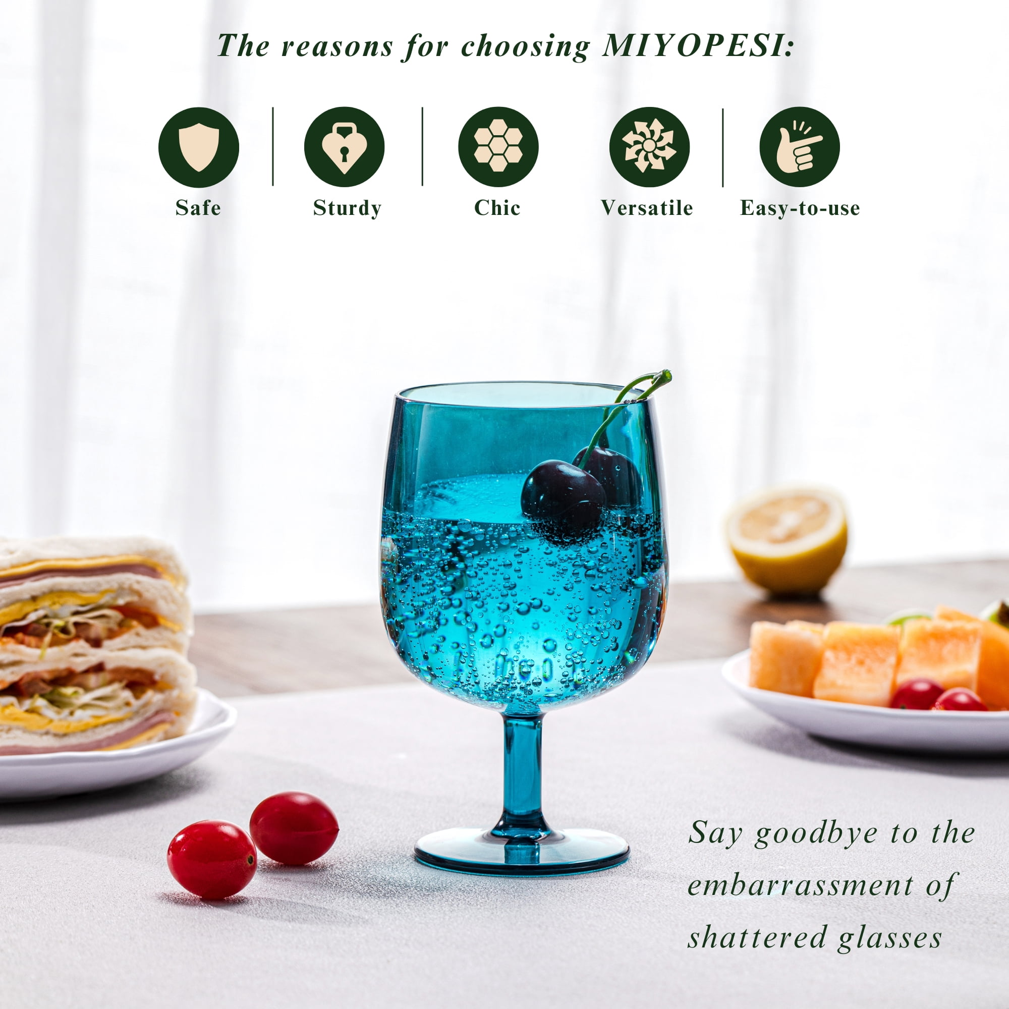 MIYOPESI 12oz Colorful Stemmed Wines Cups (Set of 8), Shatter-Proof Acrylic Bar Glasses, BPA-Free, Dishwasher-Safe