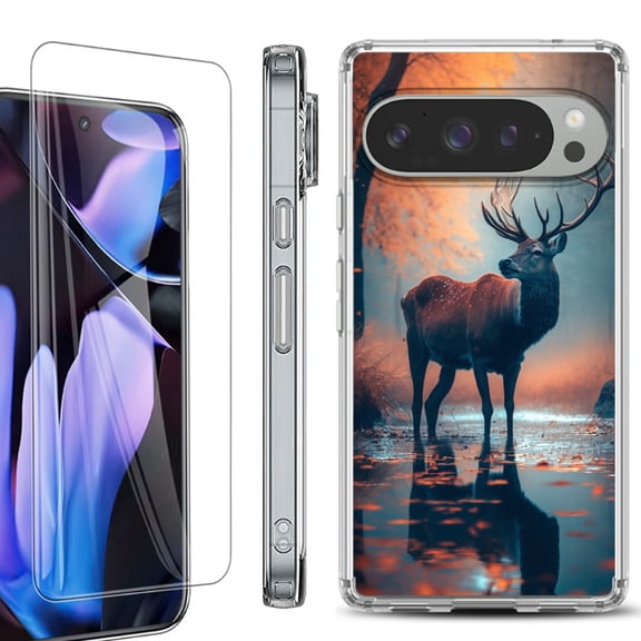 For Google Pixel 9 Pro XL Phone Case Cover, Shockproof Bumper Case with Tempered Glass Screen Protector, by OneToughShield - Deer Autumn