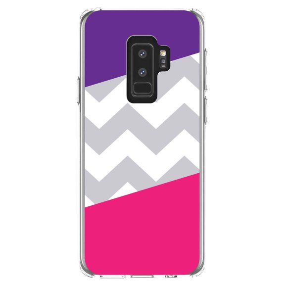 DistinctInk Clear Shockproof Hybrid Case for Samsung Galaxy S9  PLUS (6.2" Screen) - TPU Bumper, Acrylic Back, Tempered Glass Screen Protector - Purple Pink Block Grey Chevron - Stripes Pattern