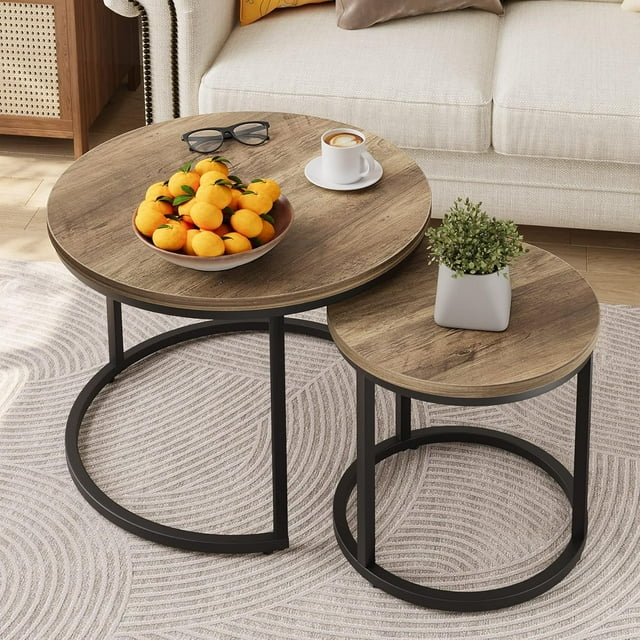 Semiocthome Modern Round Nesting Coffee Table Set,End Table Metal Frame for Living Room,23.6",Brown