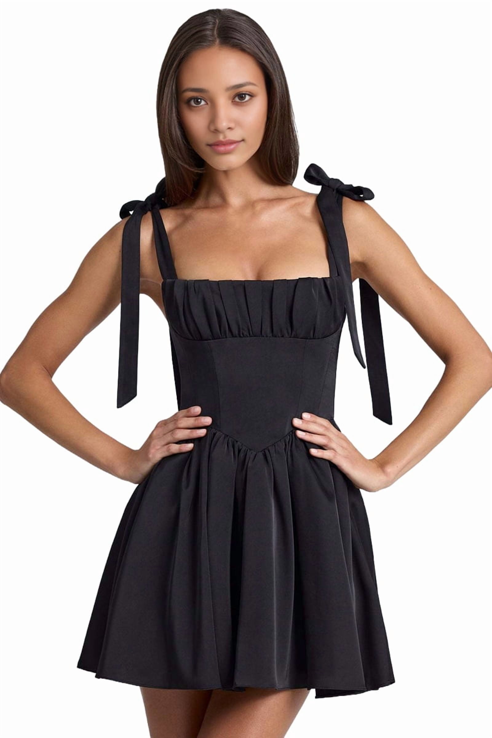 Smocked Ruched A Line Swing Dress Layered Tie Shoulder Flowy - Dress Black S