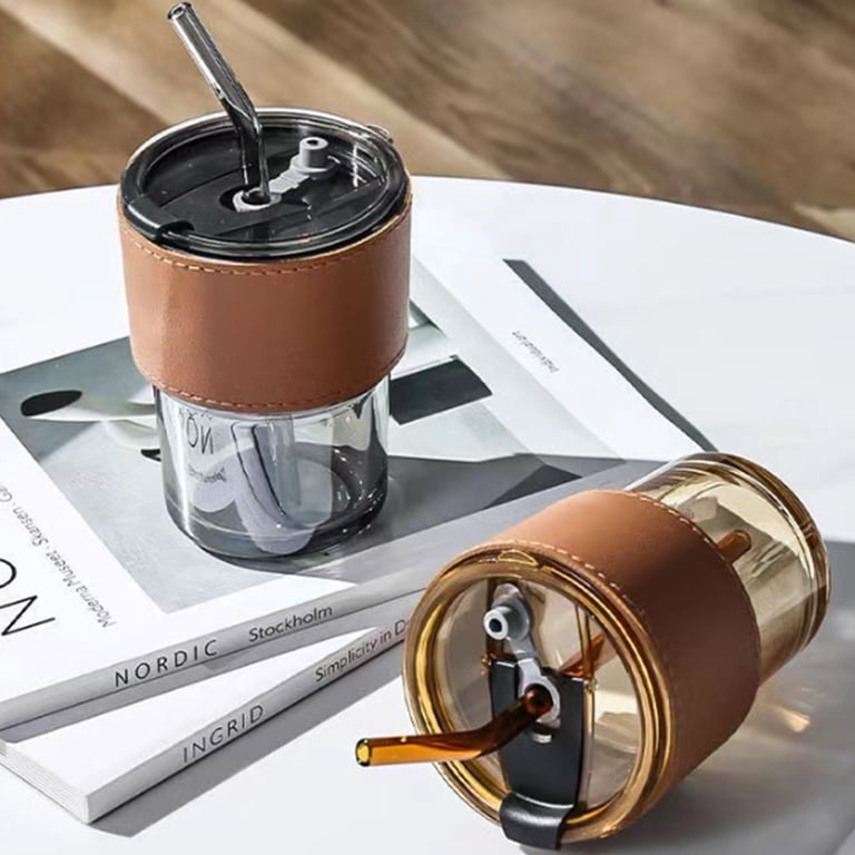 13.5oz Glass Tumbler With Straw & Lid – Leak-Proof Travel Cup For Hot/Cold Drinks, With Leather Sleeve
