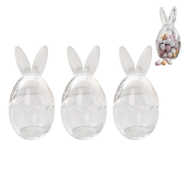 3pcs Easter Bunny Ears Glass Storage Jars, Glass Egg Cup Clear Container, Easter Decorations Table Small Candy Holder, with Removable Lids