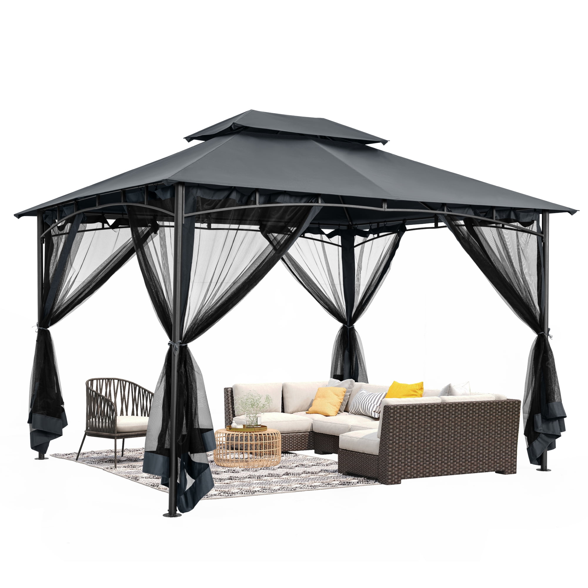 HAPPATIO Patio Gazebo 10' X 12', Ventilated Double Roof & Mosquito Netting, Outdoor Gazebo with Metal Frame, Soft Top Canopy for Backyard, Deck, Poolside
