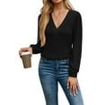 thumbnail image 3 of Womens V Neck Long Sleeve Tops Dressy Casual Fall Shirts Puff Sleeve Loose Tunic Trendy Tops Blouses Black S, 3 of 9