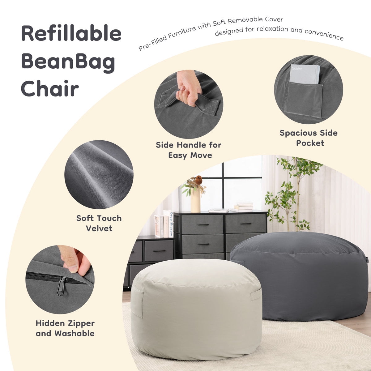Bean Bag Chair, Oversized Beanbag for Adults, Kid, Comfy Refillable Single Sofa for Living Room, Bedroom, Dorm, Dark Gray