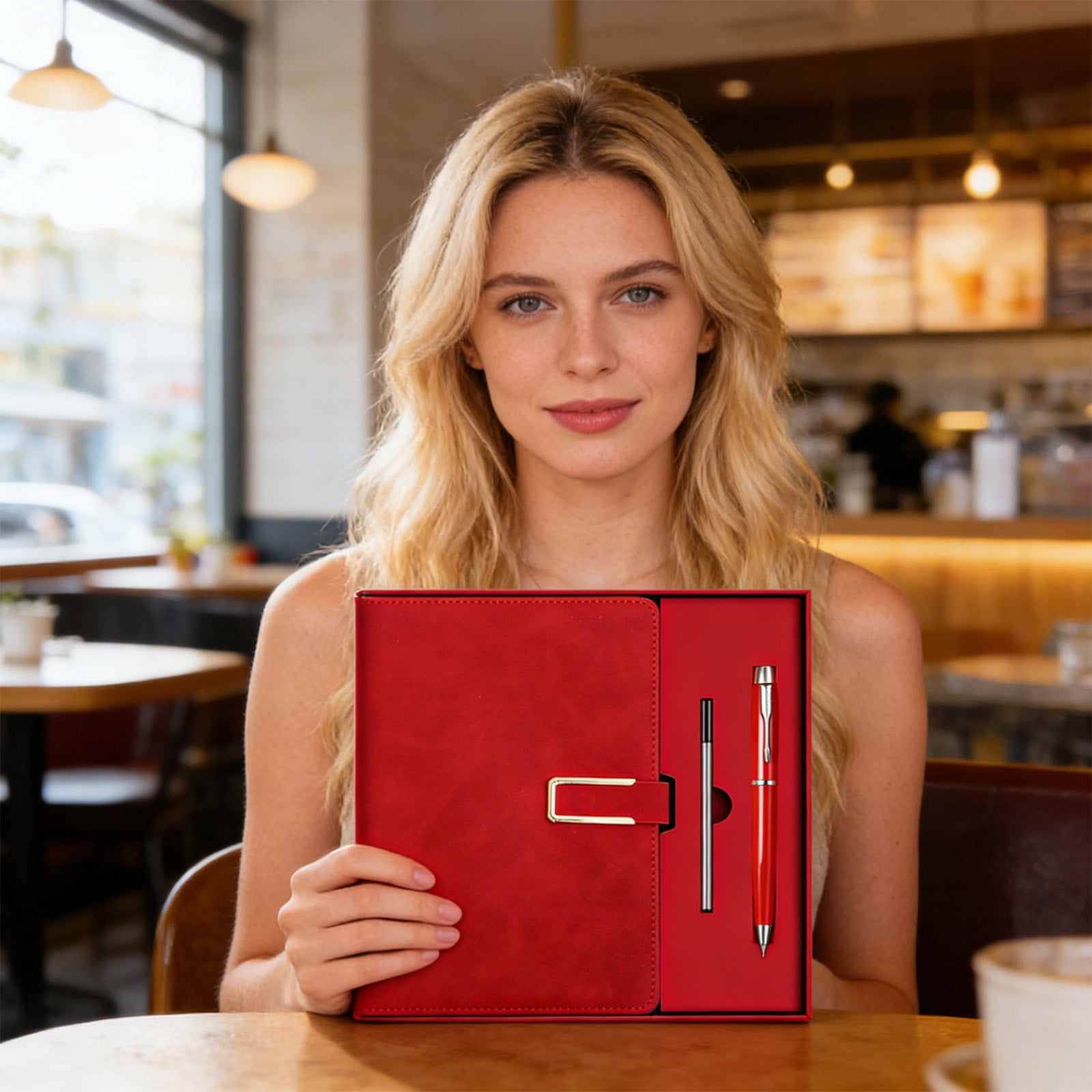 Thick Graph Paper Notebook 9x9 with Pen, Hardcover Square Journal Fountain Pen Friendly, Business Meeting Notebook Set, Red