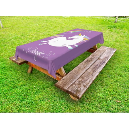 Fairy Picnic Unicorn Outdoor Tablecloth, Mythical Animal with Clouds and Rainbow Figure Fairy Cute Unicorn Image Print, Decorative Washable Fabric Picnic Table Cloth, 58 X 84 Inches,Lavander White, by Ambesonne ()