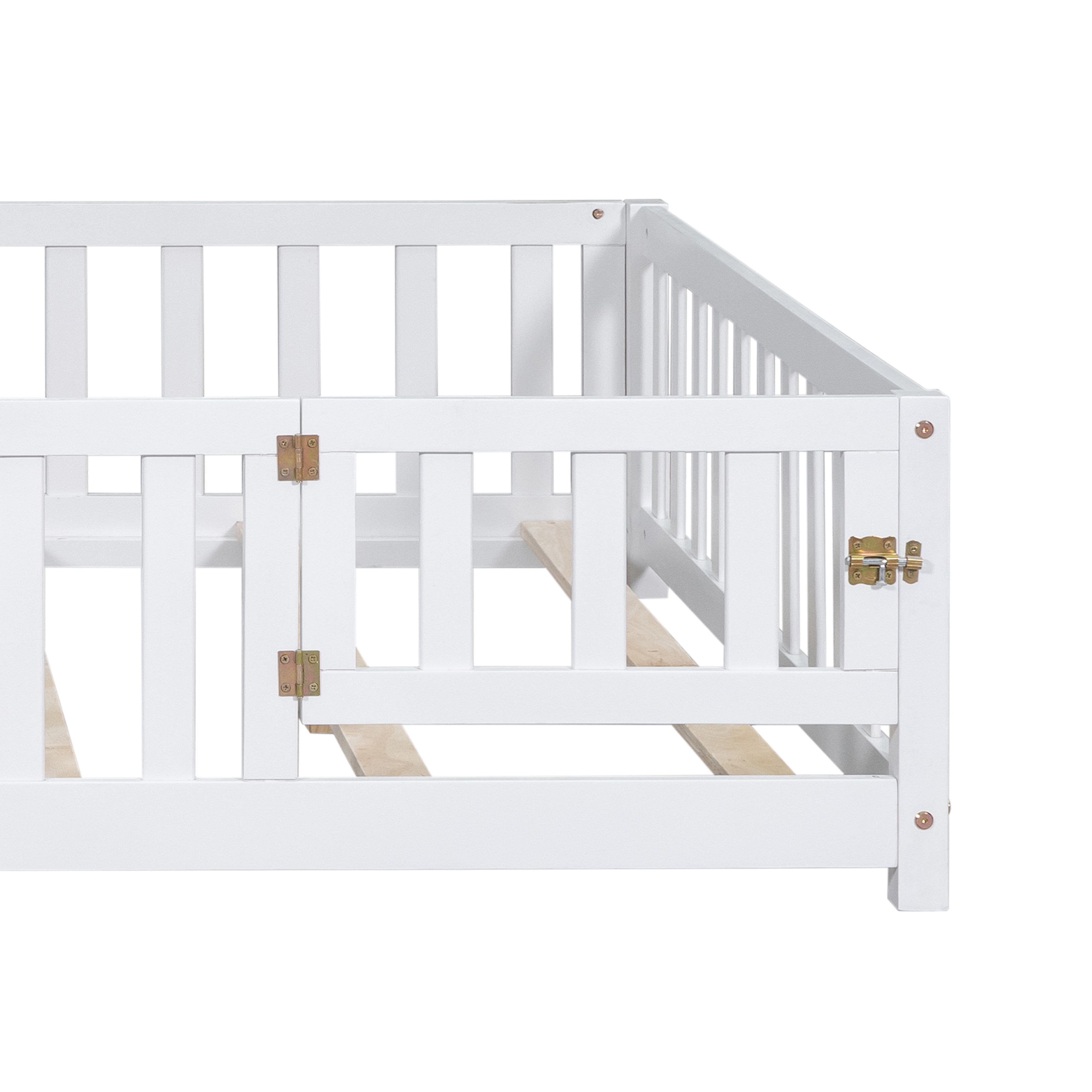 Full Size Floor Platform Bed with Fence and Door for Kids, Montessori Floor Bed Frame with Support Slats for Toddlers, Wooden Floor Bed, White