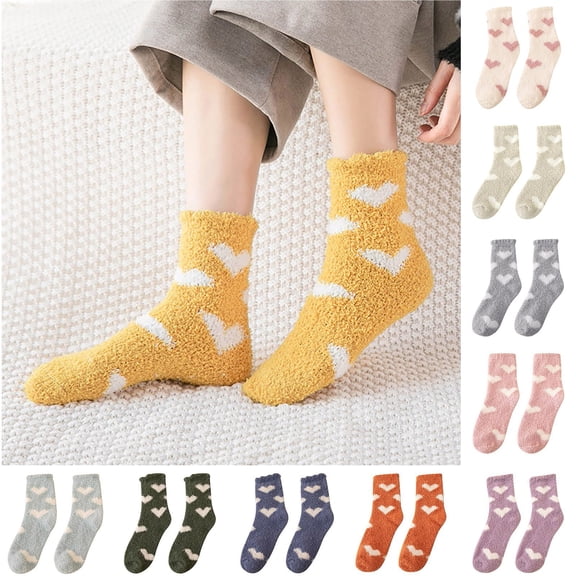 Helii Women's Cute Heart Print Coral Fleece Socks Casual Colorful Soft Cozy Crew Socks