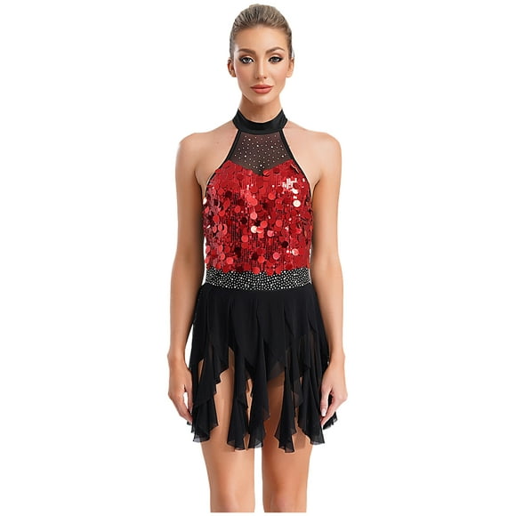 Sinleey Women's Sequins Latin Jazz Dance Leotard Adorned Ruffle Overlay Leotard for Ballet Dance Performance Competition Red XXL