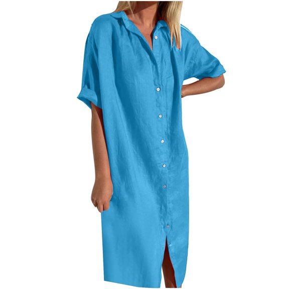 Sevevn Womens Spring And Summer Lapel Cotton Linen Button Dress Casual Pocket Short Sleeve Shirt Dress