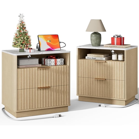 FavourLife Fluted Nightstand, Night Stand Set 2, 23" Wide Nightstands Set of 2 with Charging Station & Faux Marble Top, 2 Drawer Large End Table w/Storage, Modern Bedside Table for Bedroom
