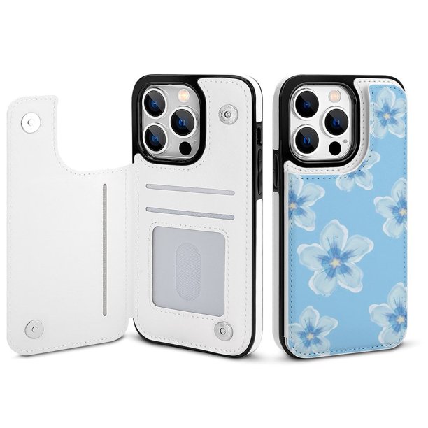 Funda tipo cartera con diseño floral para iPhone 14 Pro, tarjetero, tapa trasera de piel sintética con función atril, ranuras para tarjetas, cierre magnético doble, antigolpes.