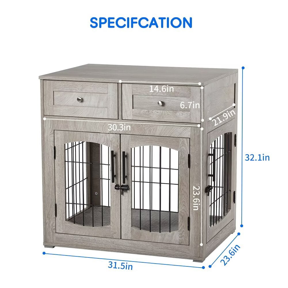 Dog Crate Furniture, 31.5" Wood Dog Kennel with Double Doors, Heavy Duty Dog Cage End Table with 2 Drawers, for Medium/Small Dogs, Rustic Gray
