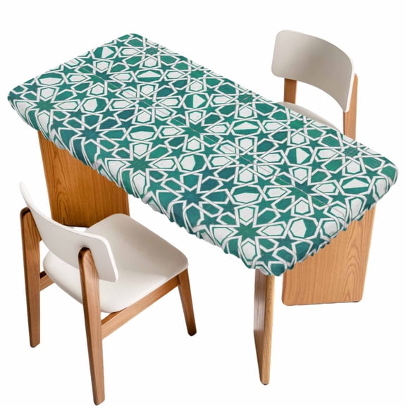 Teal Green Table Cloths for 6 Foot Rectangle Tables, Vintage Abstract Geometric Texture Patio Waterproof Elastic Fitted Tablecloths, Washable Rectangular Table Cover for Camping