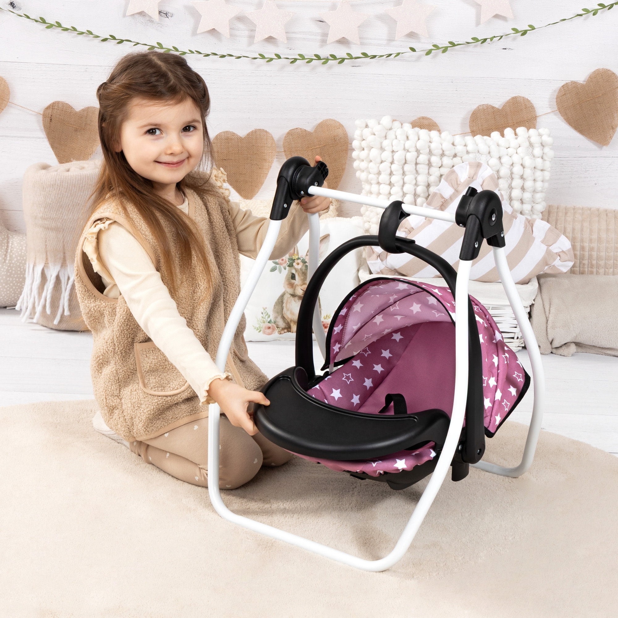 Bayer Design: Doll 4-In-1 Vario - Pink & White Stars - Convertible Toy: Highchair-Swing-Bed-Car Seat, All-In-1 Care Accessory Fits 18" Dolls, Kids 3+