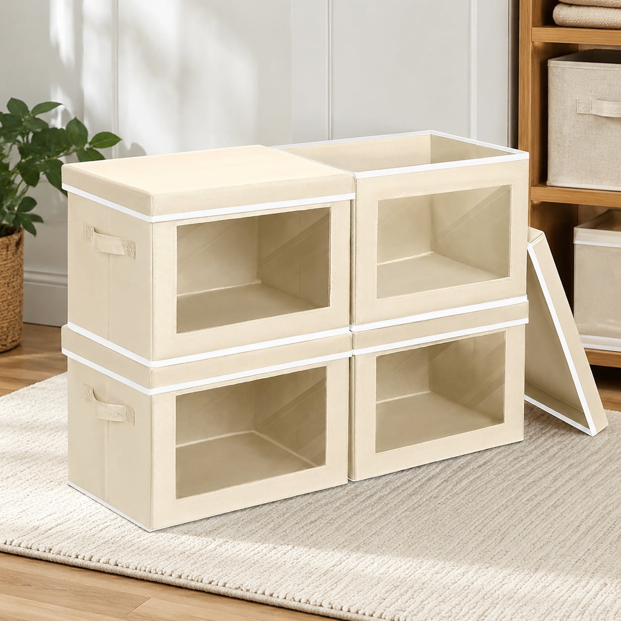 Storage Bins with Lids - Collapsible Fabric Closet Storage Baskets with Window 4 Pack Beige Decorative Boxes for Clothes Closet Office