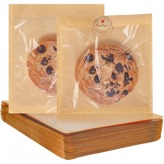 100 Pcs Cookie Bags Small Brown Paper Bags with WindowThank You Stickers 5.7 x 6.5 Inch Individual Heat Sealable Kraft Bakery Bags for Gift Giving, Treats, Snacks, Baked Goods Packaging