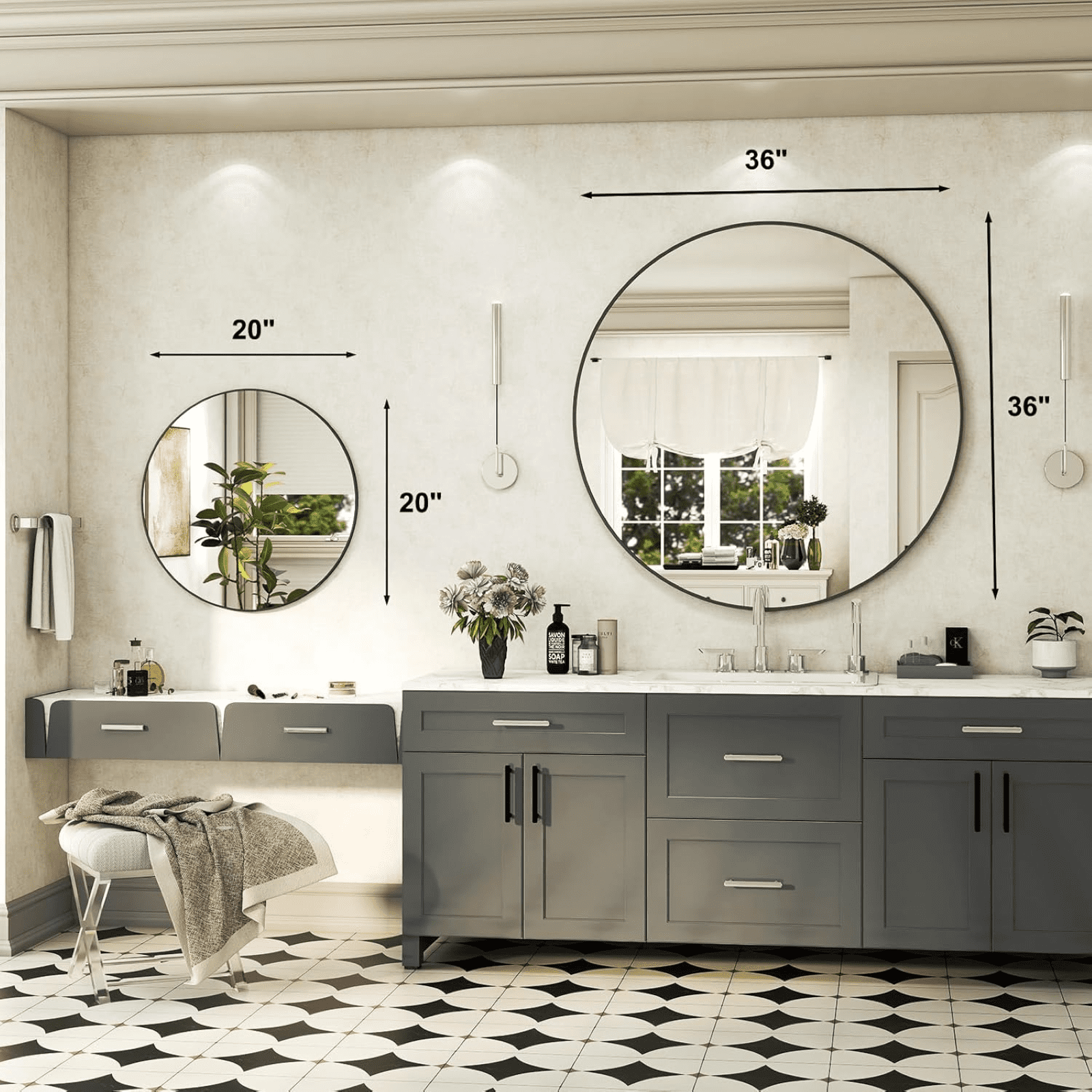 AUROMIR 36" Round Wall Mirror Bathroom Vanity Mirror Aluminum Alloy Frame,Black