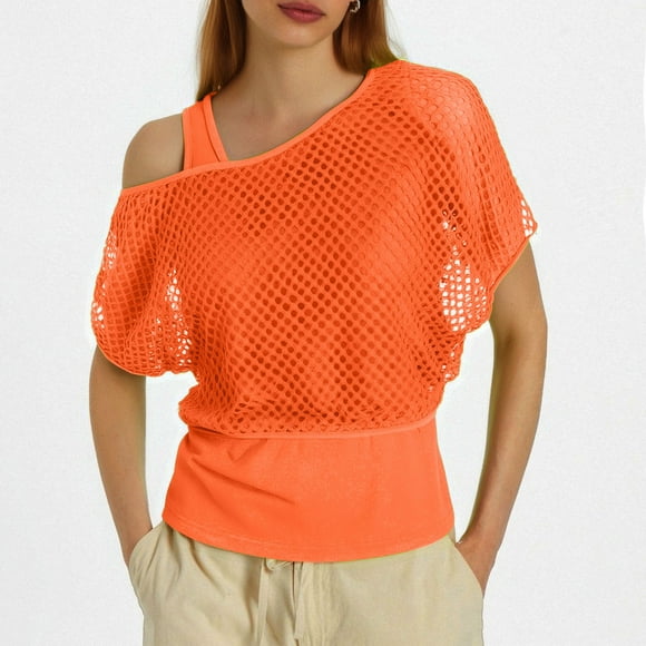 80s Neon Fishnet Mesh Off Shoulder T-Shirt For Women Retro Fashion Top