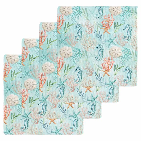 Teal Red Coastal Kitchen Dish Towels for Drying Dishes Set of 4, Nautical Seahorse Beach Coral Starfish Waffle Weave Microfiber Hand Tea Bathroom Towels Quick Dry & Absorbent Towel 12x12