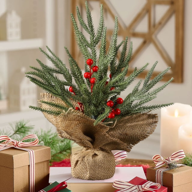 Arbre de Noël de Bureau 12 Pouces Petit Arbre de Noël Artificiel Mini Arbre de Noël avec Baies Rouges Cônes et Base en Toile de Jute Idéal pour Maison Fermes Bureau