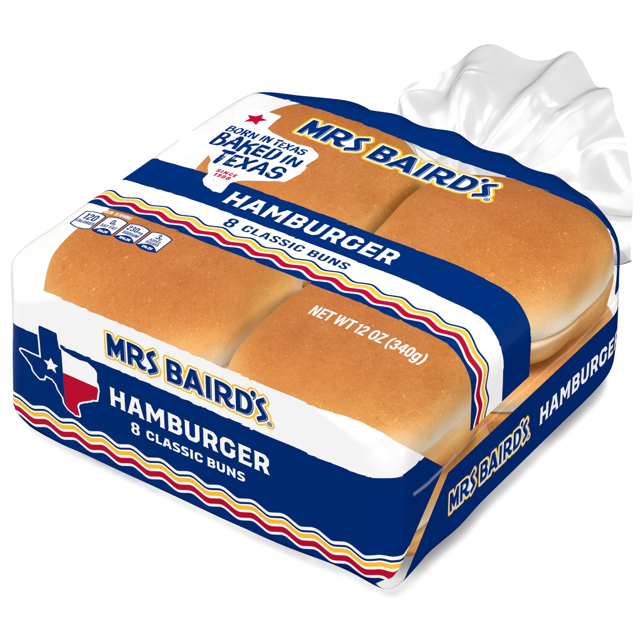 Mrs Baird's White Hamburger Buns, 8 count, Hamburger Buns, 12 oz Bag