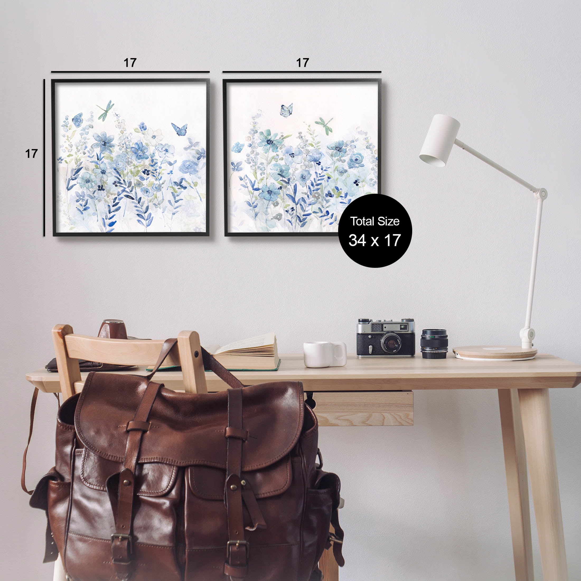 Fluttering Insects Blooming Blue Garden Botanical & Floral Graphic Art Black Framed Art Print Wall Art, Set of 2