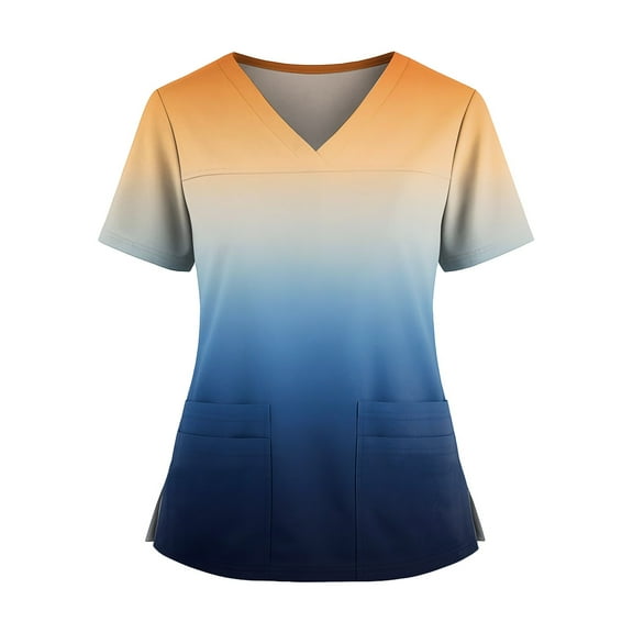 Scrubs For Women, Plus Size Nurse Scrubs Tops-Soft Stretch V Neck Short Sleeve Work Uniform With Functional Pockets, Gradient Print & Side Slits Healthcare Scrubs Blouses (XXL, Dark Blue) ZMTing