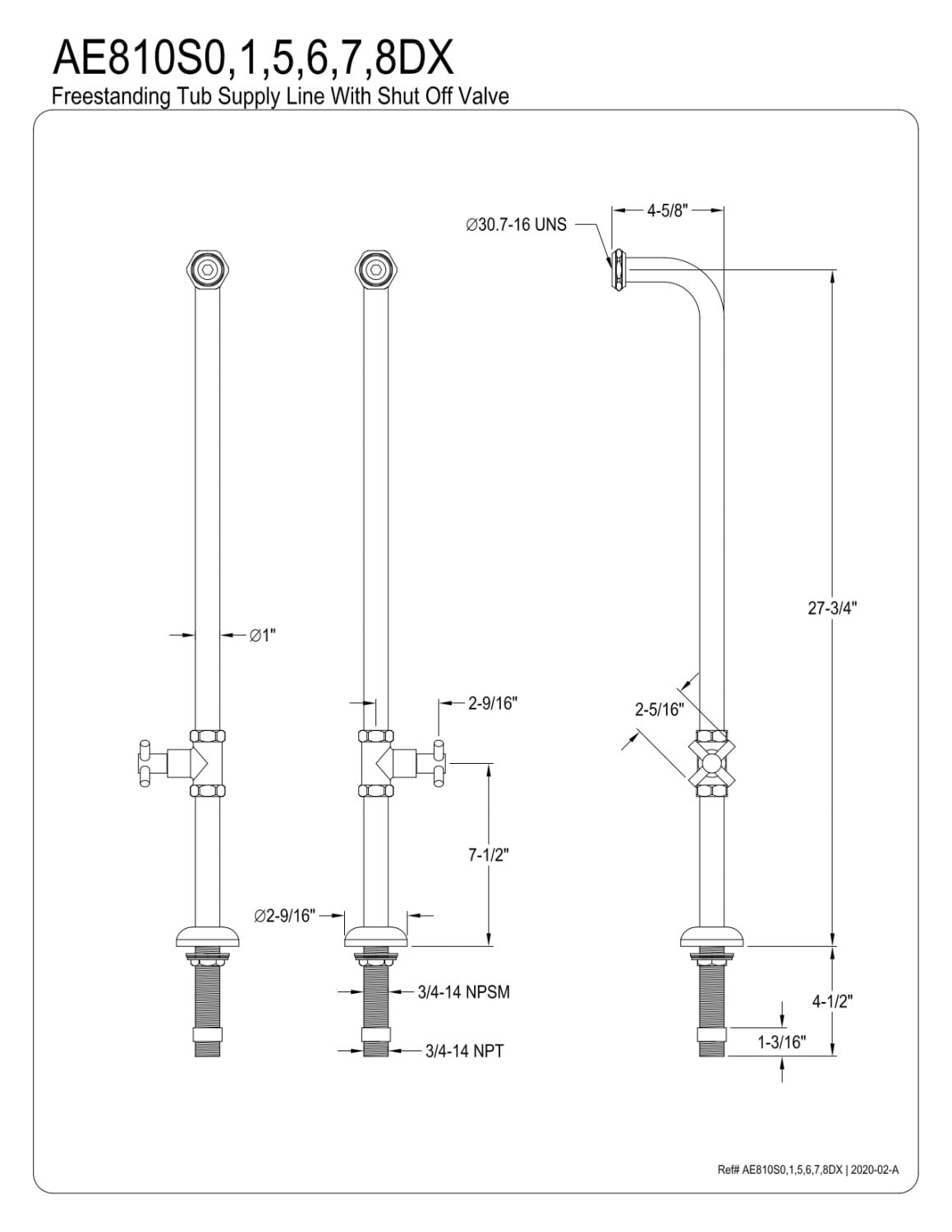 Kingston Brass AE810S8DX Concord Freestanding Tub Supply Line, Brushed Nickel