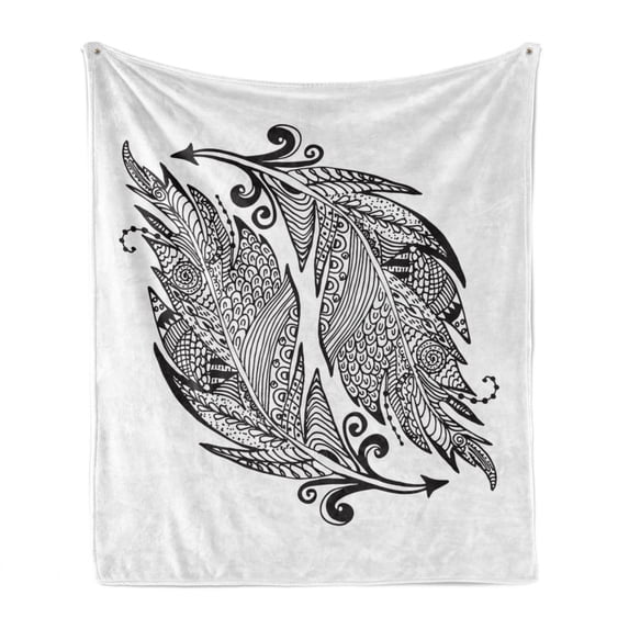 Vintage Tribal Soft Flannel Fleece Throw Blanket, Zentangle Ornate Arrow Leaf in Monochromatic Design, Cozy Plush for Indoor and Outdoor Use, 50" x 60", Charcoal Grey and White, by Ambesonne
