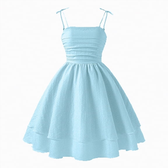 mgoYE Cute Summer Dresses for Girls Girls Summer Spaghetti Strap Dresses Flowy Tiered Ruched Smocked Back Casual Beach Midi Sundress(Sky Blue,8-9 Years)