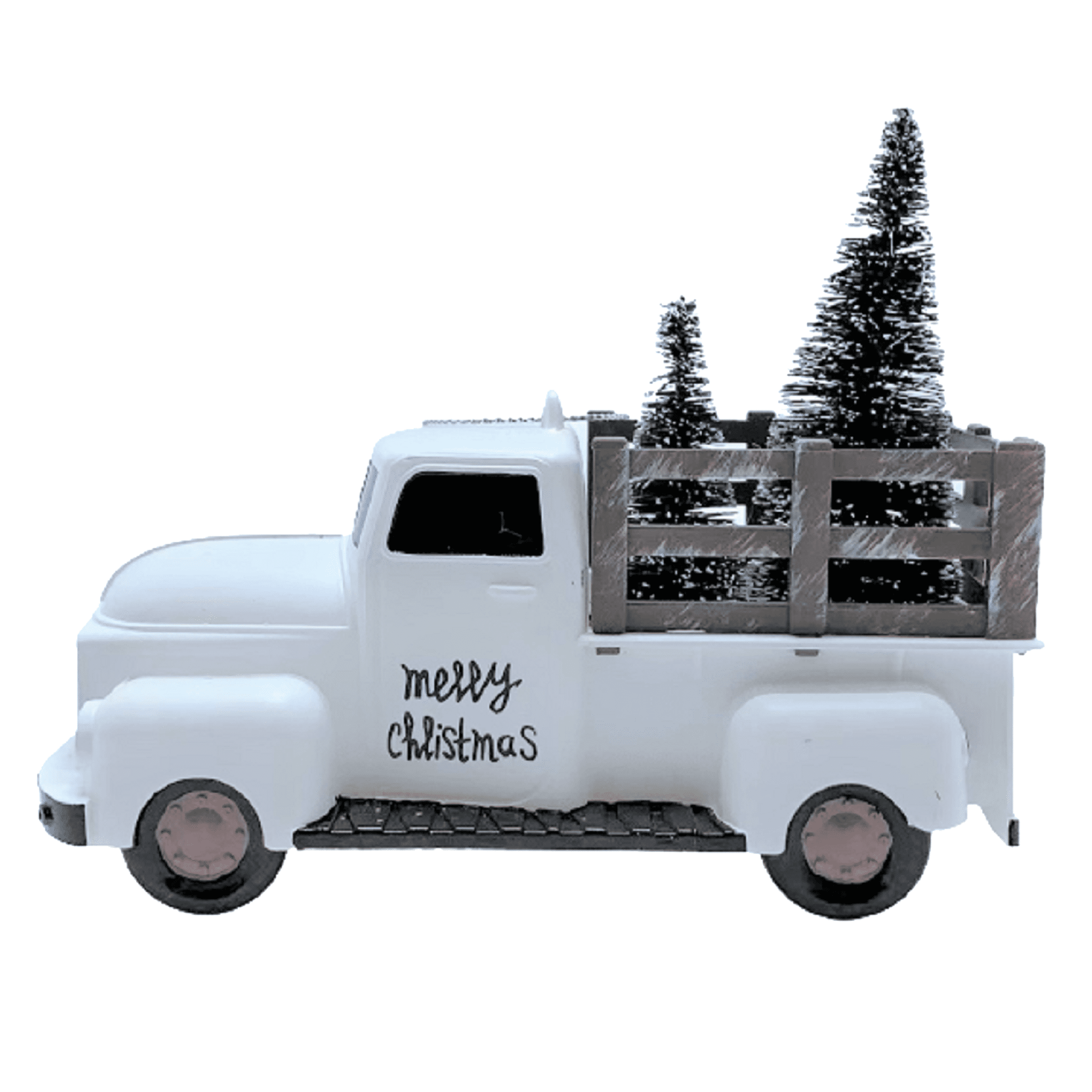 Holiday Time White Truck with Tree Ornament.  Simple Season Theme.   White & Green Color.
