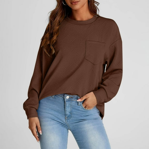 ClodeEU Women's Sweater，Casual Crew Neck Sweatshirts， Long Sleeve Solid Tops，Loose Pullover Brown,Womens Plus XXL