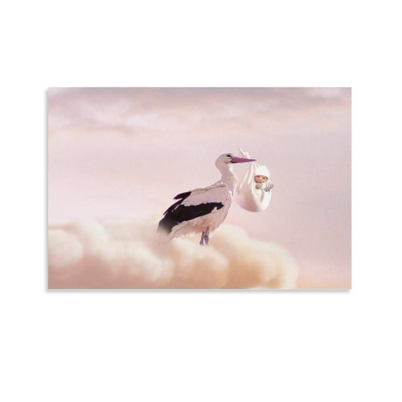 Birth Baby Stork Canvas Art Poster And Wall Art Picture Print Modern Family Bedroom Decor Posters,Unframe-style,08x12inch(20x30cm)