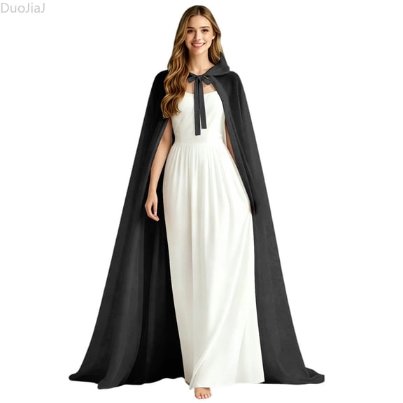 DuoJiaJ Adults Hooded Silk Cape, Tie Front Cloak Black Sizes One Size